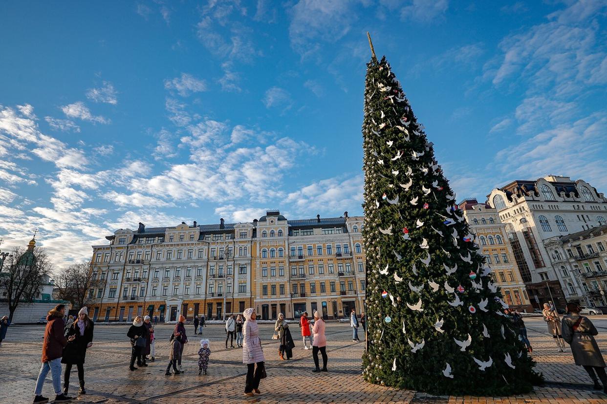 A view of a christmas tree at Sofia Square in Kyiv, Ukraine