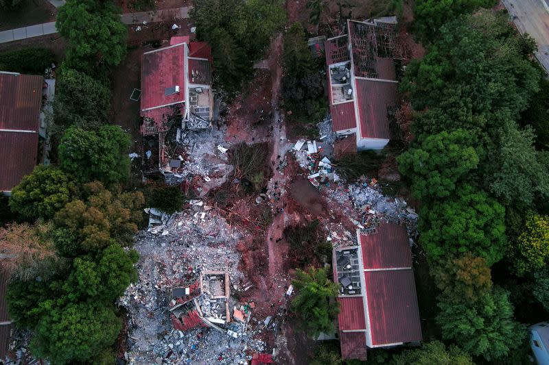 An aerial view shows damage caused following a mass infiltration by Hamas gunmen from the Gaza Strip, in Kibbutz Beeri in southern Israel