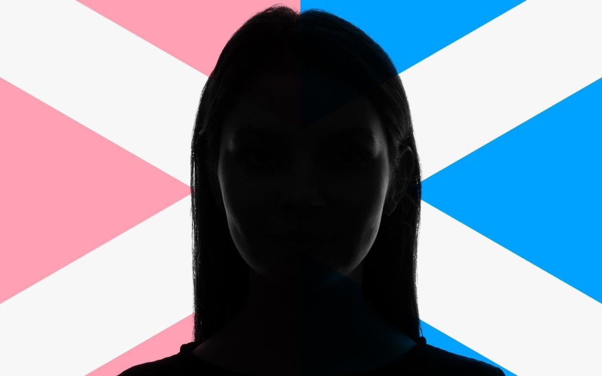 Girl's face in shadow before a Scottish flag that is half pink, half blue