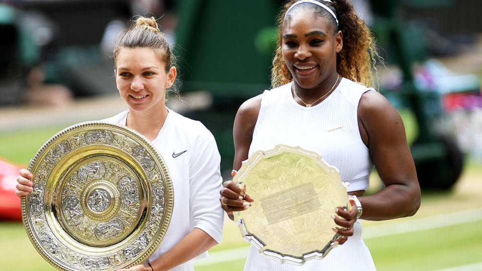 Simona Halep and Serena Williams, pictured here after the 2019 Wimbledon final. 