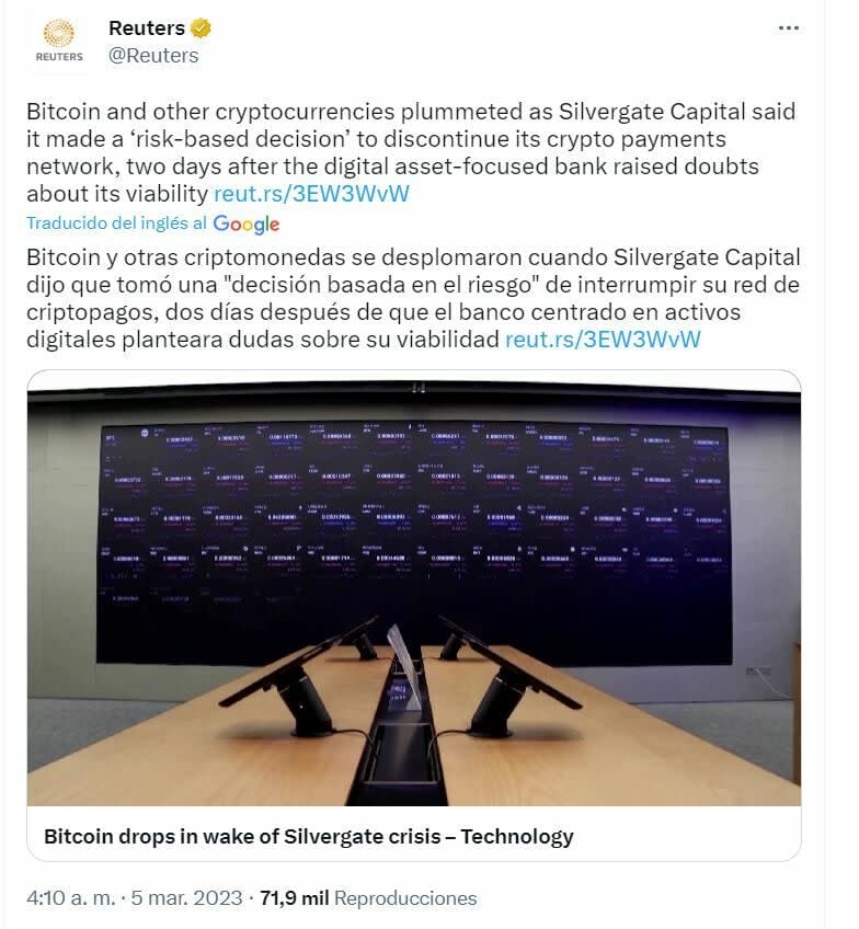 Bitcoin tuit de Reuters sobre la situación de Silvergate