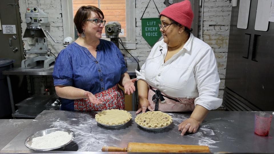 Savannah Morning News Editor Amy Condon and Cheryl Day, owner Back in the Day Bakery, work together to make a pair of cranberry pies, one with a double crust and the other a crumble topping.