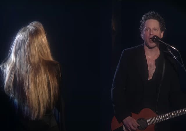 <p>Fleetwood Mac;Youtube</p> Stevie Nicks sings "Silver Springs" to Lindsey Buckingham on stage in 1997.