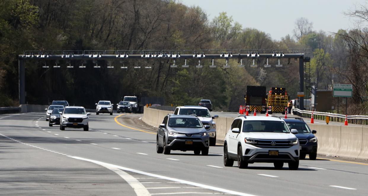 Vehicles travel north on the New York State Thruway, Interstate 87 near the Yonkers Toll Gantry April 23, 2024.