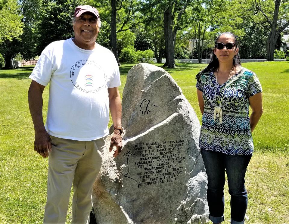 Sachem Tracey Dancing Star Brown, right, and Sagamore William Winds of Thunder Guy (both from Pokanoket Tribe/Pokanoket Nation) at the Royal Pokanoket Burial Site in Warren.