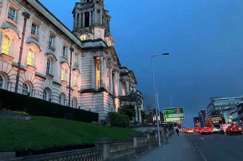 Stockport town hall at night.