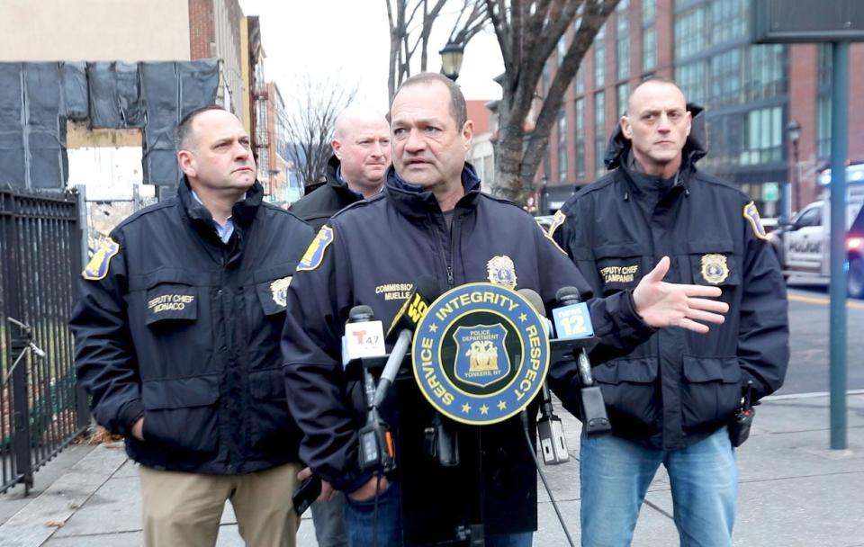 Yonkers Police Commissioner John Mueller speaks to the media Jan. 17, 2022 after police shot a man wielding a gun inside an apartment on Main Street in Yonkers. The suspect was shot in the leg, and one officer suffered a concussion. Both were taken to a local hospital with non-life threatening injuries.