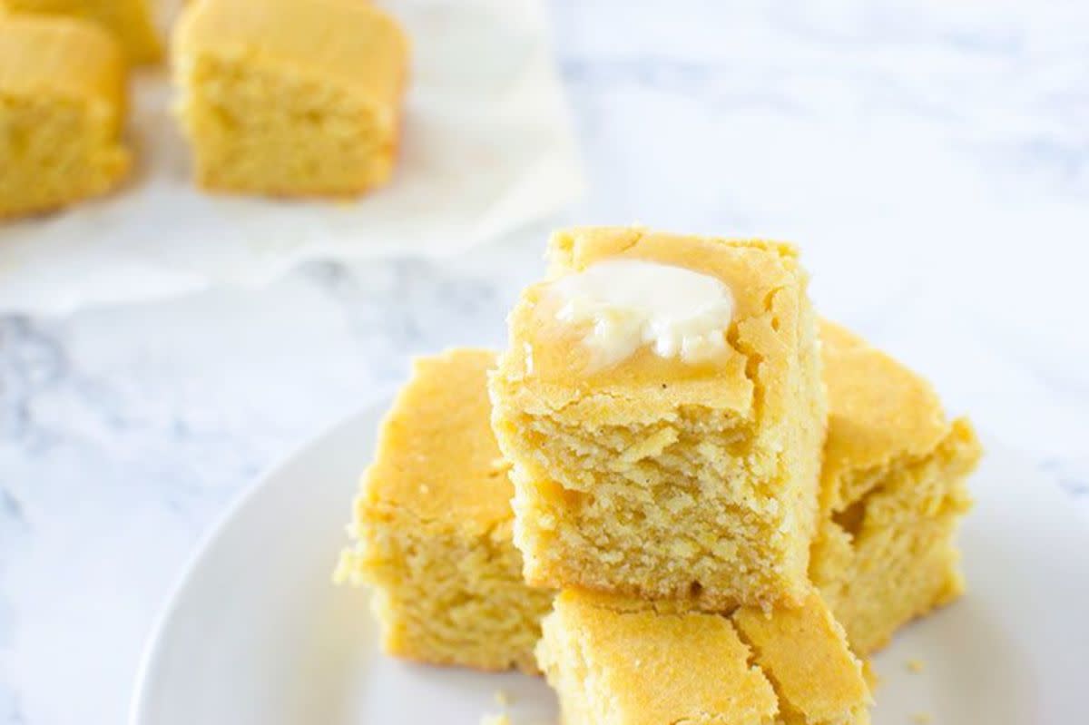 <p>I Can You Can Vegan</p><p>Simple and delicious homemade cornbread that's completely egg and dairy free! </p><p><strong>Get the Recipe:</strong><a href="https://www.icanyoucanvegan.com/easy-vegan-cornbread/" rel="nofollow noopener" target="_blank" data-ylk="slk:Easy Vegan Cornbread;elm:context_link;itc:0;sec:content-canvas" class="link rapid-noclick-resp"> <strong>Easy Vegan Cornbread</strong></a></p>