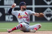 Jun 20, 2018; Philadelphia, PA, USA; St. Louis Cardinals third baseman Greg Garcia (35) fields the infield single of Philadelphia Phillies second baseman Scott Kingery (not pictured) during the seventh inning at Citizens Bank Park. Mandatory Credit: Bill Streicher-USA TODAY Sports