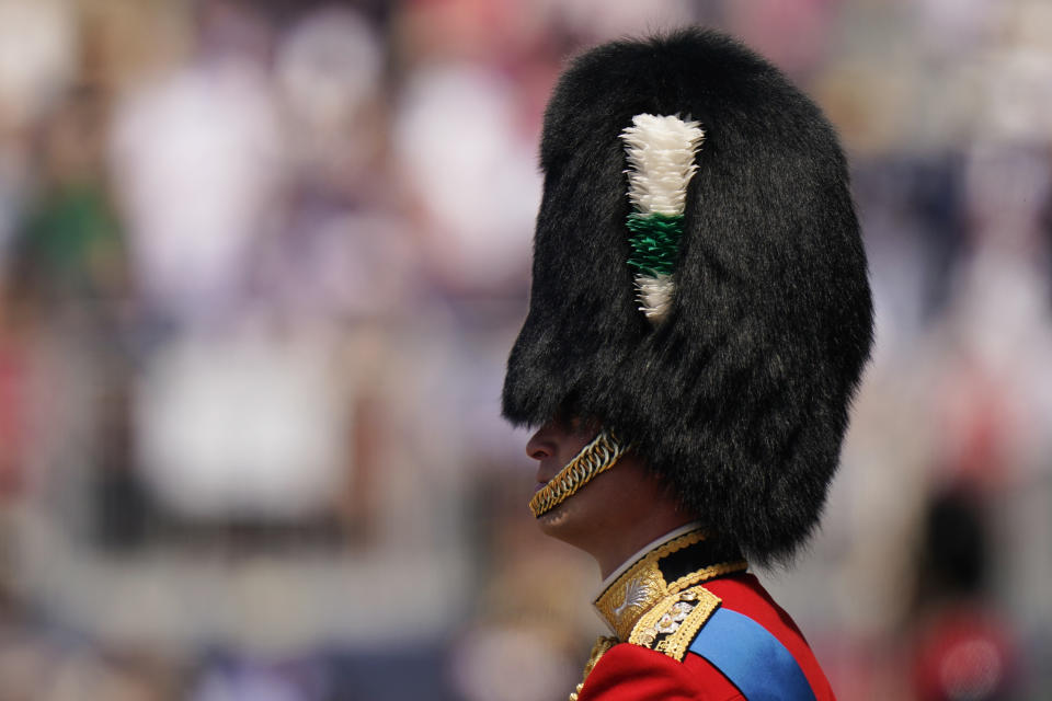 Britain's Prince William attends the Colonel's Review, the final rehearsal of the Trooping the Colour, the King's annual birthday parade, at Horse Guards Parade in London, Saturday, June 10, 2023. (AP Photo/Alberto Pezzali)