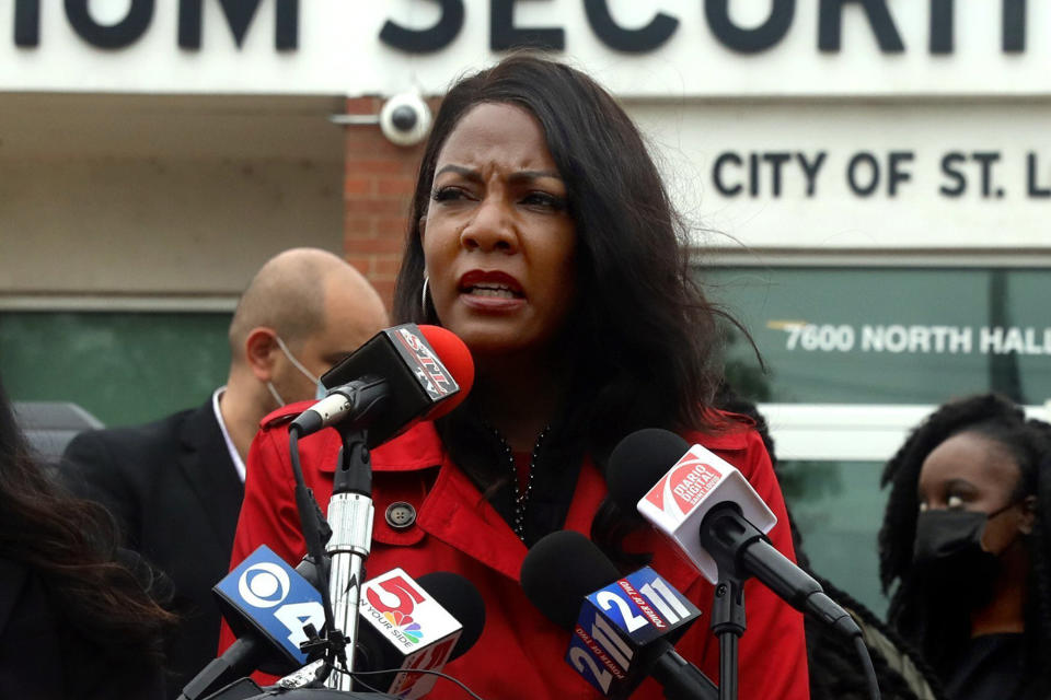 FILE - St. Louis Mayor Tishaura O. Jones addresses the press after touring the both St. Louis jails, on Saturday, April 24, 2021, outside the Medium Security Institution, known as the City Workhouse. On Aug. 3, Mayor Tishaura Jones signed into law an ordinance establishing a Division of Civilian Oversight. But three police officer associations are suing to stop the measure that they claim hinders due process for officers and conflicts with state law. (Laurie Skrivan/St. Louis Post-Dispatch via AP)