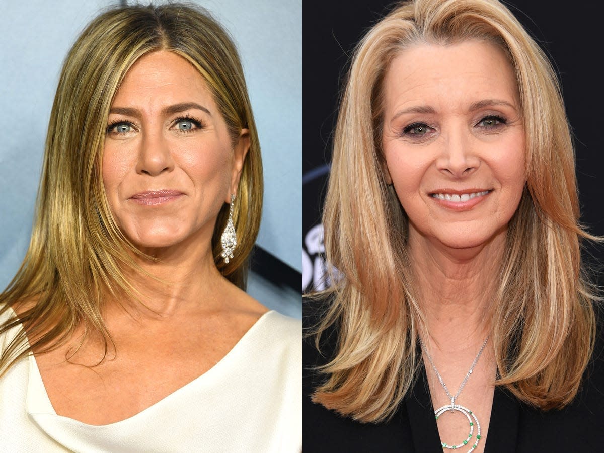 A side-by-side image of Jennifer Aniston in a white gown, and Lisa Kudrow in a dark suit.