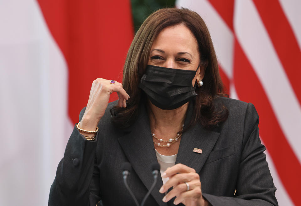 U.S. Vice President Kamala Harris attends a roundtable at Gardens by the Bay in Singapore before departing for Vietnam on the second leg of her Southeast Asia trip, Tuesday, Aug. 24, 2021. (Evelyn Hockstein/Pool Photo via AP)