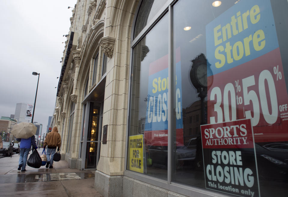 DENVER, CO - APRIL 26: Customers come and go from the Sports Authority flagship 'Sports Castle' at 1000 Broadway in Denver on Tuesday, April 26, 2016. Sports Authority has abandoned hope of reorganizing and exiting bankruptcy and instead will count on buyers to save parts of its sprawling retail chain, company lawyer Robert Klyman told a judge Tuesday.(Photo by Kathryn Scott Osler/The Denver Post via Getty Images)