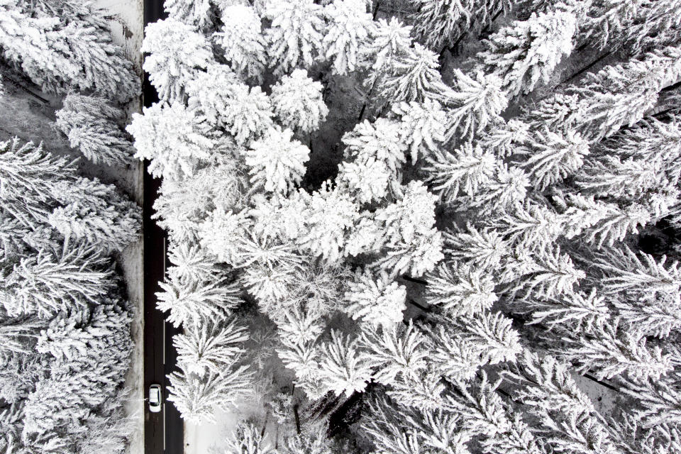 A car is driving on a road among snow-covered trees in a forest after snowfall in Le Cret-pres-Semsales, Fribourg, Switzerland, Saturday, December 5, 2020. (Laurent Gillieron/Keystone via AP)