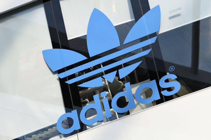 FILE PHOTO: The Adidas logo is pictured during celebrations for German sports apparel maker Adidas' 70th anniversary