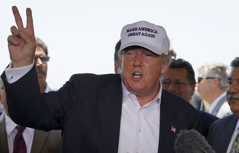 Republican presidential candidate Donald Trump gestures at a news conference near the U.S.- Mexico border outside of Laredo, Texas July 23, 2015. REUTERS/Rick Wilking