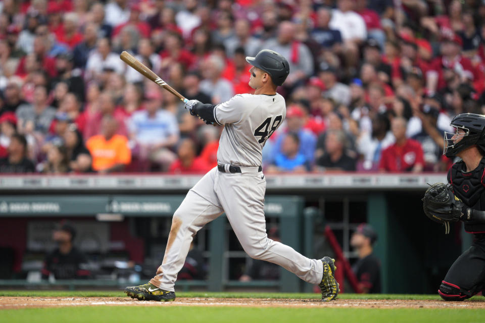 New York Yankees' Anthony Rizzo watches his two-run home run against the Cincinnati Reds during the sixth inning of a baseball game in Cincinnati, Friday, May 19, 2023. (AP Photo/Jeff Dean)