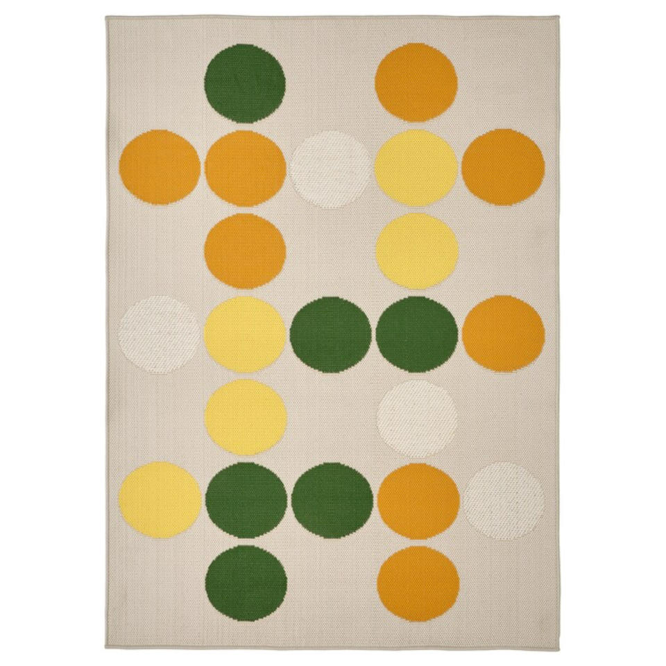 indoor outdoor rug with yellow, orange and green spots