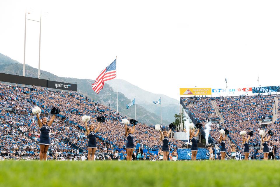 Brigham Young Cougars cheerleaders cheer on the field during the football game against the Southern Utah Thunderbirds at LaVell Edwards Stadium in Provo on Saturday, Sept. 9, 2023. | Megan Nielsen, Deseret News