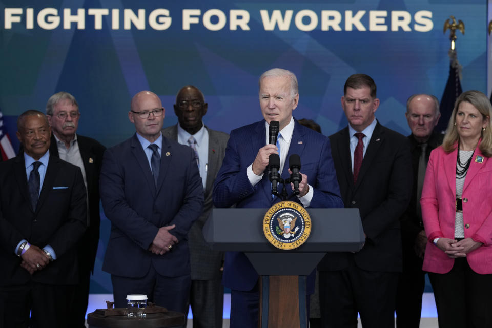 President Joe Biden speaks in the South Court Auditorium on the White House complex in Washington, Thursday, Dec. 8, 2022, about the infusion of nearly $36 billion to shore up a financially troubled union pension plan, preventing severe cuts to the retirement incomes of more than 350,000 Teamster workers and retirees across the United States. (AP Photo/Susan Walsh)