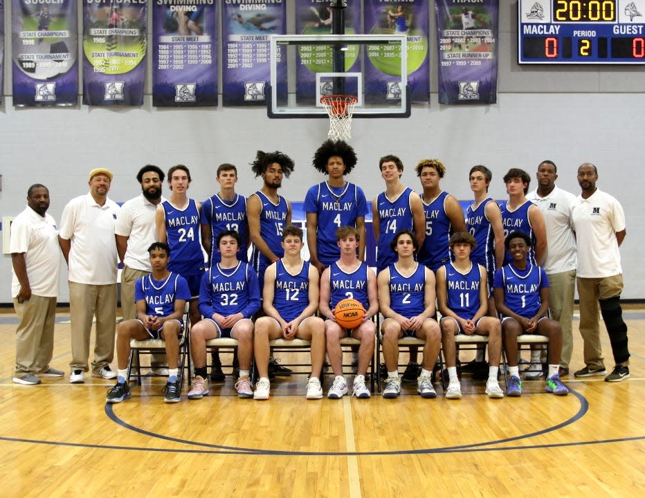 Maclay coach Gene Granger, second row, far right, with his boys basketball team.