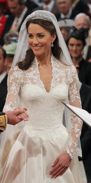 <b>The ultimate wedding gown </b><br><br> Every woman in Britain waited with baited breath to see the bridal gown to end all bridal gowns. And they weren't disappointed. Kate arrived in style, dressed immaculately in this Sarah Burton for Alexander McQueen dress. The hand-embroidered and appliquéd lace design was a fusion of elegant lines and classic best-of-British tailoring.