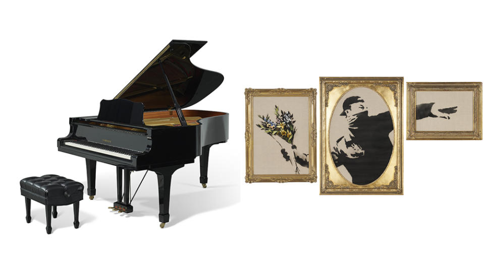 Elton John's Yamaha Grand Piano and Banksy artwork that sold at Christies New York on February 21. 