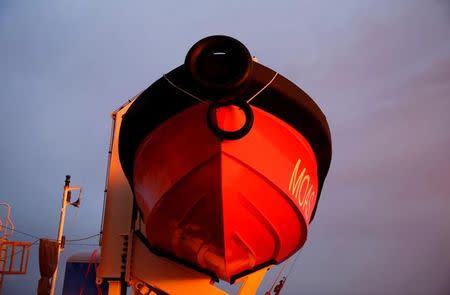 A fast rescue daughter craft (FRDC) is seen at the stern of the Migrant Offshore Aid Station (MOAS) ship Topaz Responder as it stands by for migrant search and rescue operations off the coast of Libya, June 21, 2016. REUTERS/Darrin Zammit Lupi