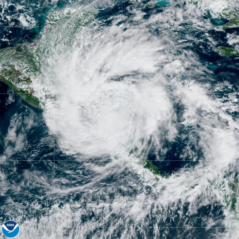 This satellite image made available by NOAA shows Hurricane Iota over Nicaragua and Honduras on Tuesday, Nov. 17, 2020, at 12:20 ET. Hurricane Iota tore across Nicaragua on Tuesday, hours after roaring ashore as a Category 4 storm along almost exactly the same stretch of the Caribbean coast that was recently devastated by an equally powerful hurricane.