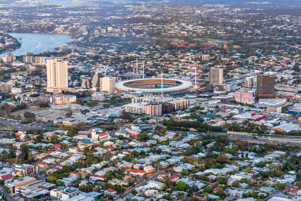 Helicopter view of Brisbane with the Gabba Stadium. (Photo: Gettyimages)