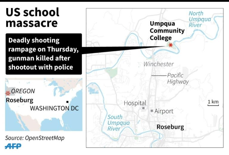 Close-up map locating Umpqua Community College in the US state of Oregon, where a gunman went on a deadly shooting rampage