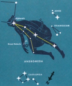 The Andromeda Galaxy is located within the constellation Andromeda. It is labeled on this star chart as the "Great Nebula," an old term.