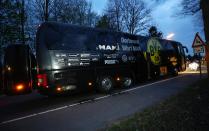 <p>The Borussia Dortmund team bus is seen after an explosion near their hotel before the game </p>