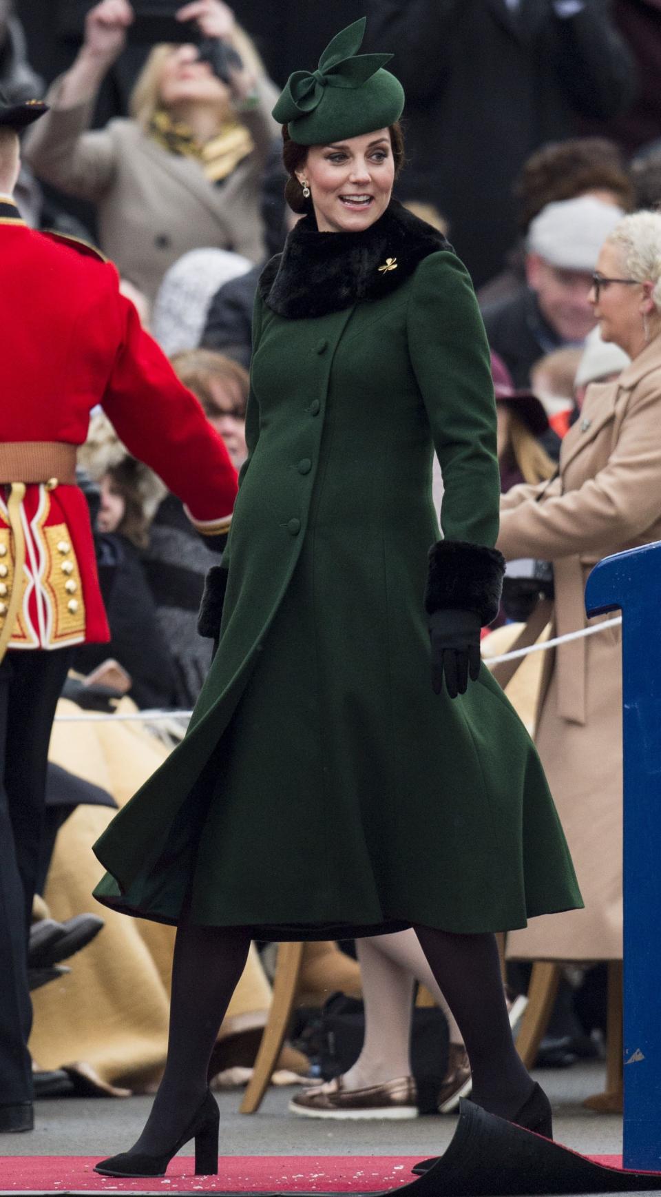 <p>WHO: Catherine, Duchess of Cambridge</p> <p>WHAT: Catherine Walker, Gina Foster hat, Kiki McDonough earrings, Troy London collar, Cornelia James gloves, Tod’s shoes</p> <p>WHERE: At the St. Patrick’s Day Parade, Hounslow, England</p> <p>WHEN: March 17, 2018</p>