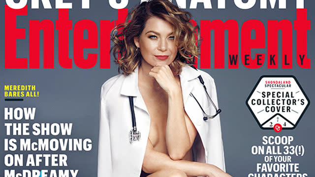 Meredith Grey is moving on -- and baring it all! Leading lady <strong> Ellen Pompeo</strong> is proving that even after eleven seasons, and the shocking death of McDreamy, <em>Grey's Anatomy</em> is hotter than ever. The stars of <strong>Shonda Rhimes</strong>' hit ABC shows took over four collector's edition covers of the Sept. 11 issue of <em>Entertainment Weekly Magazine</em>, but none of the others hold a candle to Pompeo's sultry shoot. <strong> WATCH: 'Grey's Anatomy' Boss Explains Why Derek Shepherd Had to Die </strong> Entertainment Weekly Magazine Dressed in only a white lab coat, a stethoscope, and red patent leather pumps, the <em>Grey's</em> gal is single and sensational with some strategically crossed body parts. After last season's shocking decision to kill off <strong>Patrick Dempsey</strong> from the show, Pompeo finally addresses the "sexist" response that some fans had to McDreamy's death. "All of a sudden, Patrick [Dempsey] leaves, and it’s like, 'Oh my God, Meredith’s gonna get killed with Alzheimer’s! The show couldn’t possibly go on ­without the man!'" she told the magazine. Back in August, Rhimes revealed the reason behind the show's decision to kill off Derek. " "What were the options? Either Der was going to walk out on Mer and leave her high and dry, and what was that going to mean?" the Grey's showrunner said at the summer TCA press tour. "That would suggest the love wasn't true, the thing we had said for 11 years was a lie." <strong> WATCH: 'Grey's Anatomy' Shocker: Derek Shepherd's Death Wrecks Us All! </strong> "Meredith and Derek's love had to remain Meredith and Derek's love," Rhimes further explained. "As painful as it was for me as a storyteller, the only way to preserve what felt true to me was Derek was going to have to die for that love to remain honest." So what's next for Meredith in season 12 now that she's flying solo? "We do have this world in which Meredith is single, and she is living this life that she hadn't thought she was going to be living again," Rhimes teased. <em> Grey's Anatomy</em> premieres Thursday, Sept. 24 at 8 p.m.ET/PT on ABC.