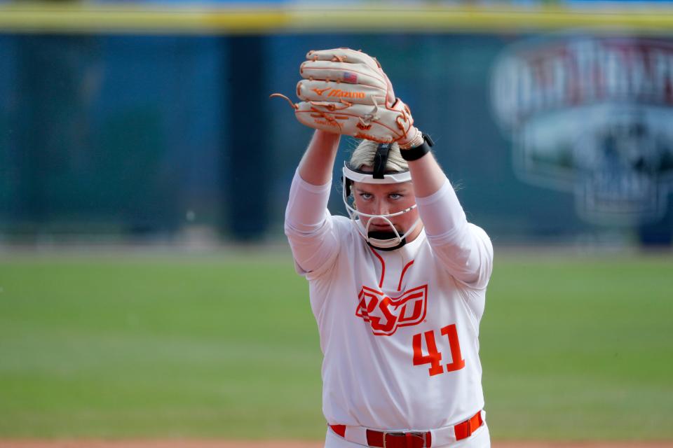 Oklahoma State's Ivy Rosenberry (41) pitches during a Big 12 softball game against BYU on May 9 at Devon Park.