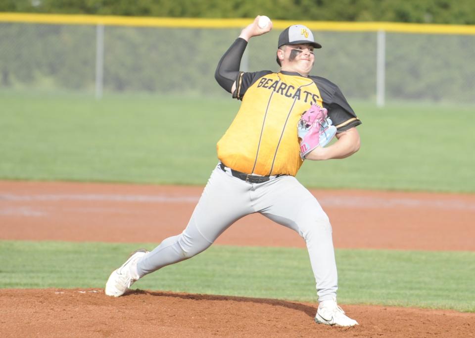 Paint Valley's Bryce Blanton (#21) on the mound during the Bearcats' game against the Unioto Shermans at Unioto High School on April 3, 2024, in Chillicothe, Ohio.