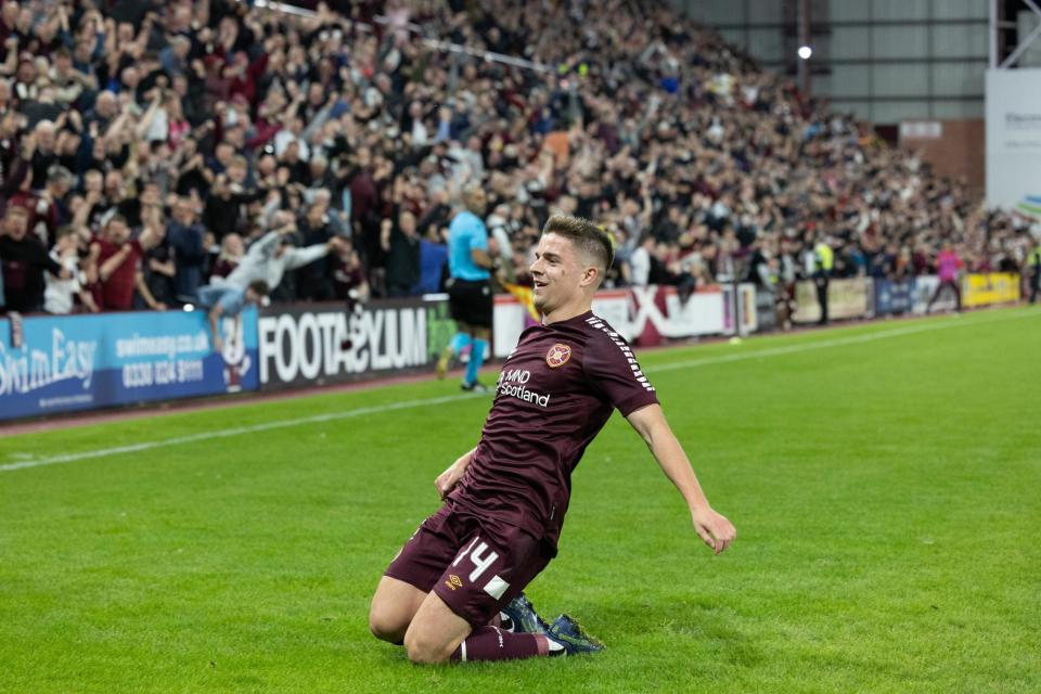 Cammy Devlin celebrates scoring the winning goal at Tynecastle Park as Hearts defeat Rosenborg in the Europa Conference League. Picture: SNS