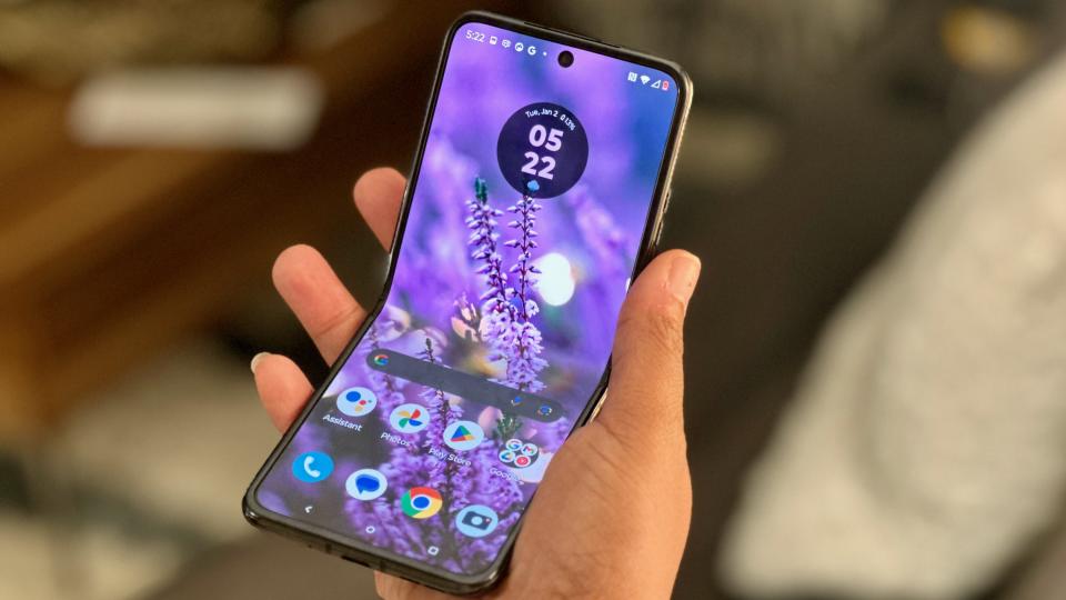The Motorola Razr Plus (2023) semi-folded on the home screen