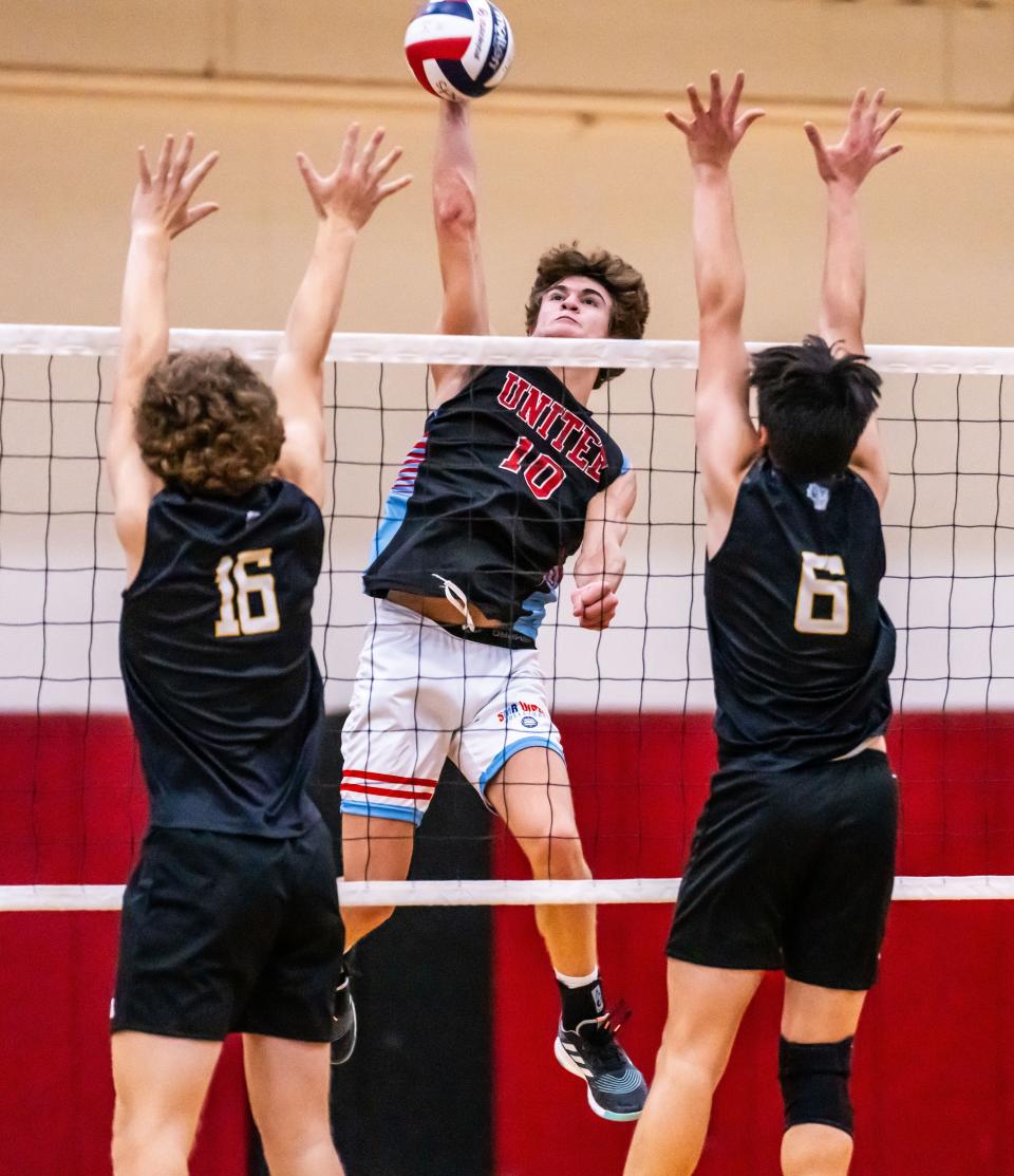 South Milwaukee United's Ethan Jetzer elevates for a kill during the match at home against New Berlin United on Oct. 4.