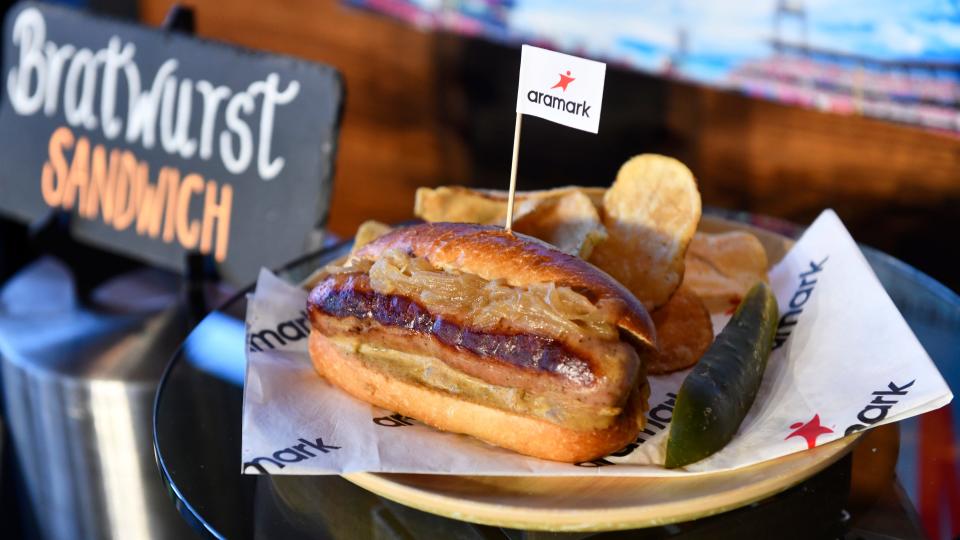 A bratwurst sandwich is displayed during an event to highlight what is new for the 2024 Philadelphia Phillies season at Citizens Bank Park in Philadelphia on Monday, March 25, 2024.