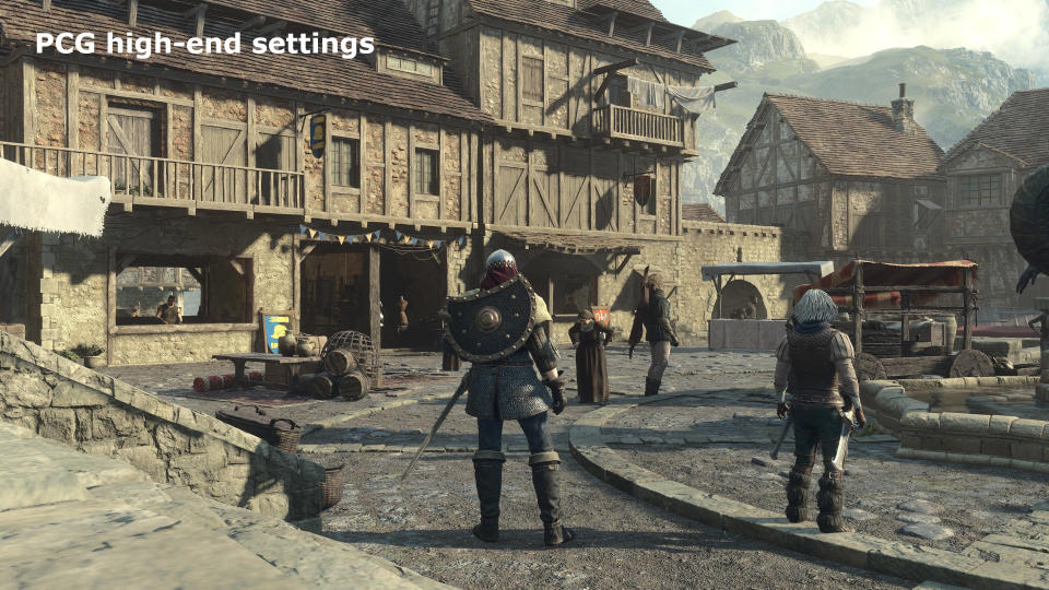 Screenshots from Dragon's Dogma 2 highlighting the visual changes that the game's graphics settings have