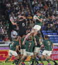 South Africa's Eben Etzebeth wins the ball in the air during the Rugby World Cup Pool B game between New Zealand and South Africa in Yokohama, Japan, Saturday, Sept. 21, 2019. (AP Photo/Shuji Kajiyama)