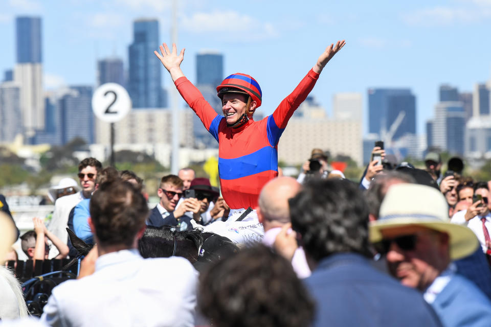 Pictured here, James McDonald celebrates winning the Melbourne Cup on Verry Elleegant.