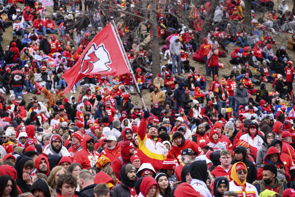 Fans gather for the Kansas City Chiefs' victory celebration and parade in Kansas City, Mo., Wednesday, Feb. 15, 2023, following the Chiefs' win over the Philadelphia Eagles Sunday in the NFL Super Bowl 57 football game. (AP Photo/Reed Hoffman)