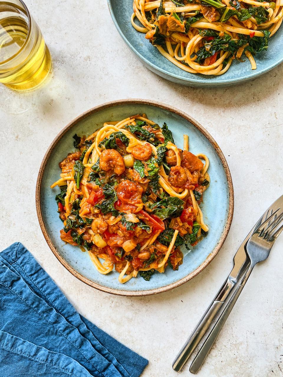 For pasta fans the chilli prawn kale linguine is a flavoursome supper that is on the table in just 20 minutes (Discover Great Veg)