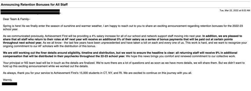 Achievement First is offering a retention bonus for educators who continue through the 2022-23 year. Success Academy is not, despite staffing woes at multiple campuses.