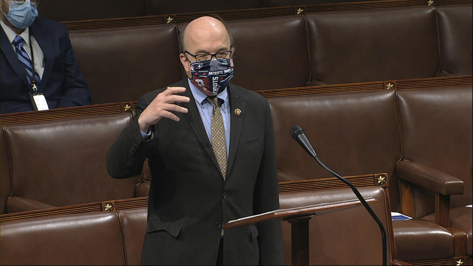 In this image from video, Rep. Jim McGovern, D-Mass., speaks on the floor of the House of Representatives at the U.S. Capitol in Washington, Thursday, April 23, 2020. (House Television via AP)