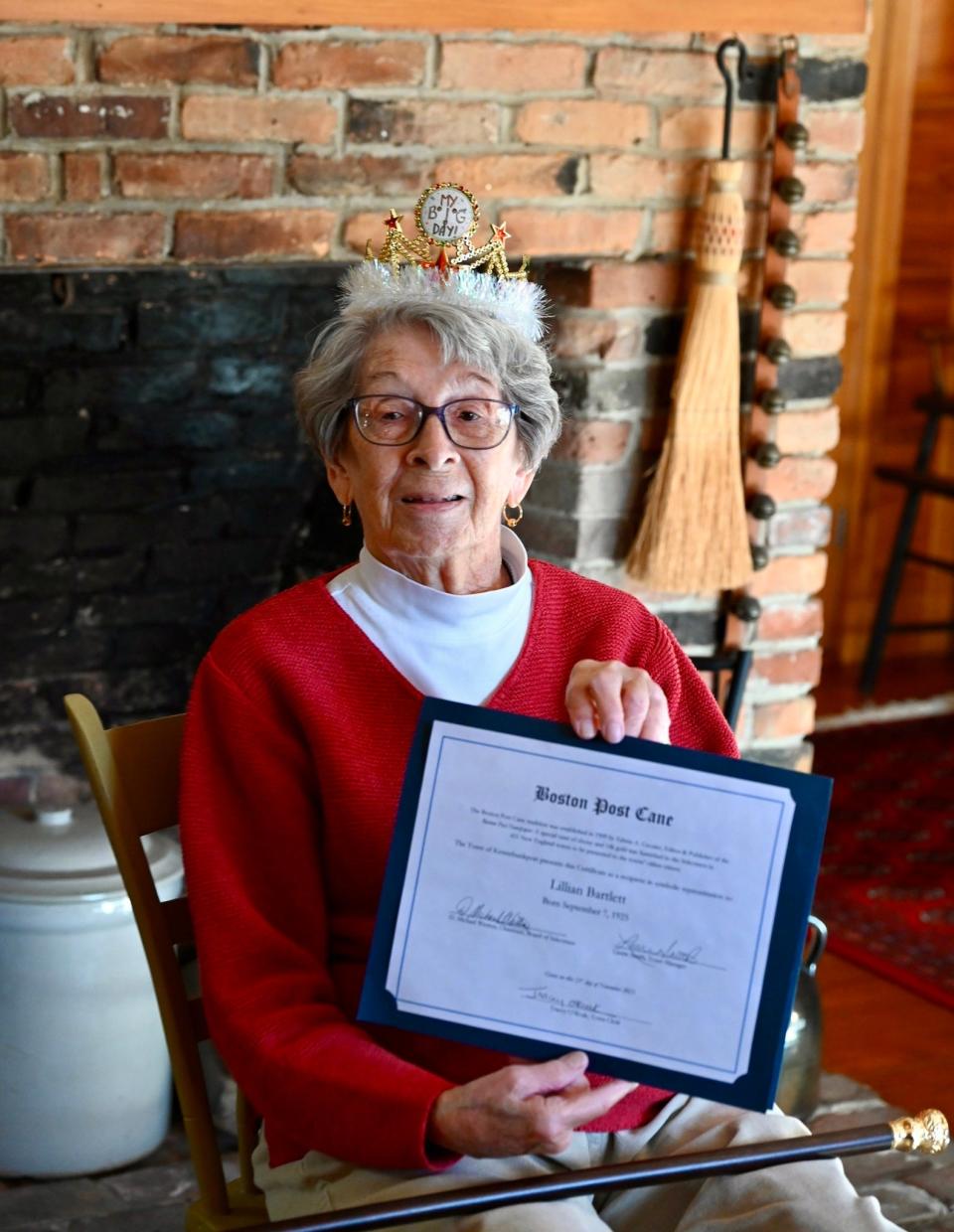 Lillian Barlett, 98, of Kennebunkport, received the Boston Post Golden Cane on Nov. 21, an honor bestowed upon the oldest resident in town.